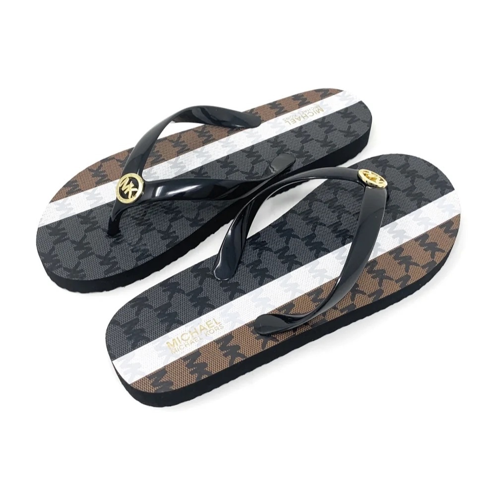 MICHAEL KORS Flip Flops Thongs Flat Sandals Black Multi Gold MK Logo US Size 11